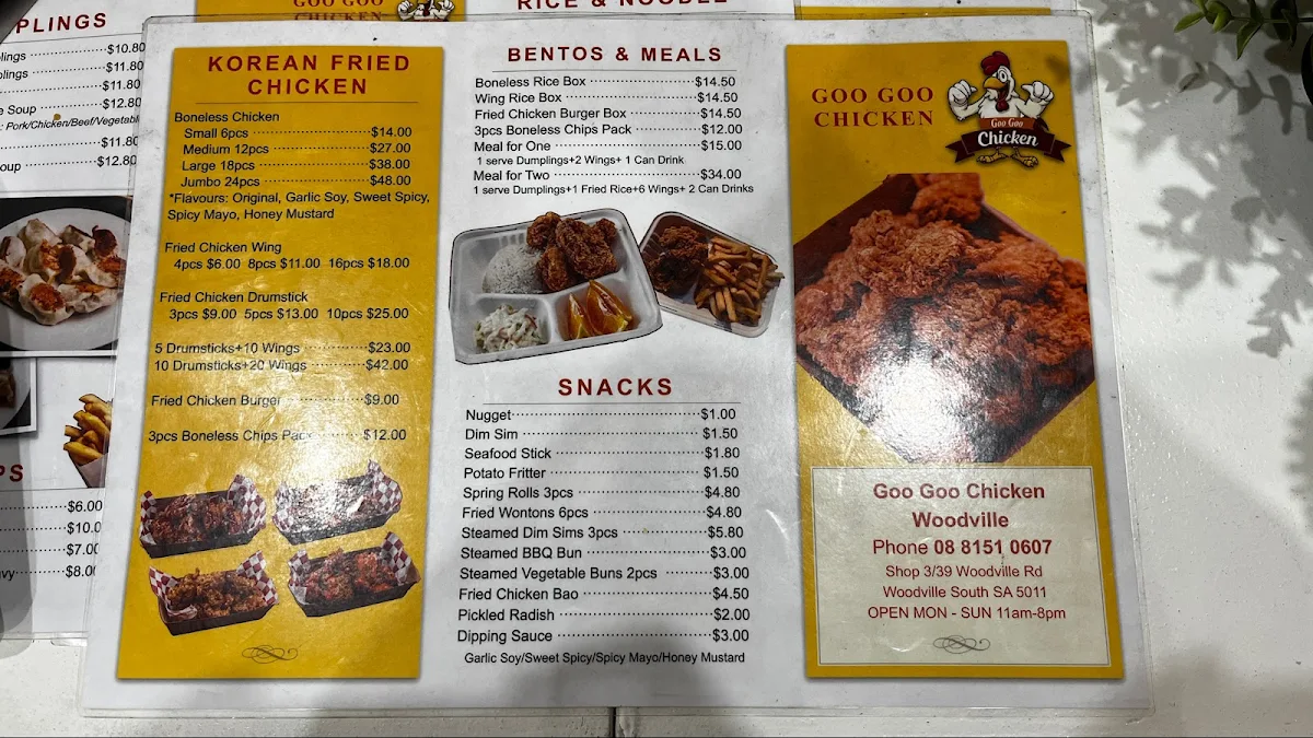 Menu, Goo Goo Chicken Woodville