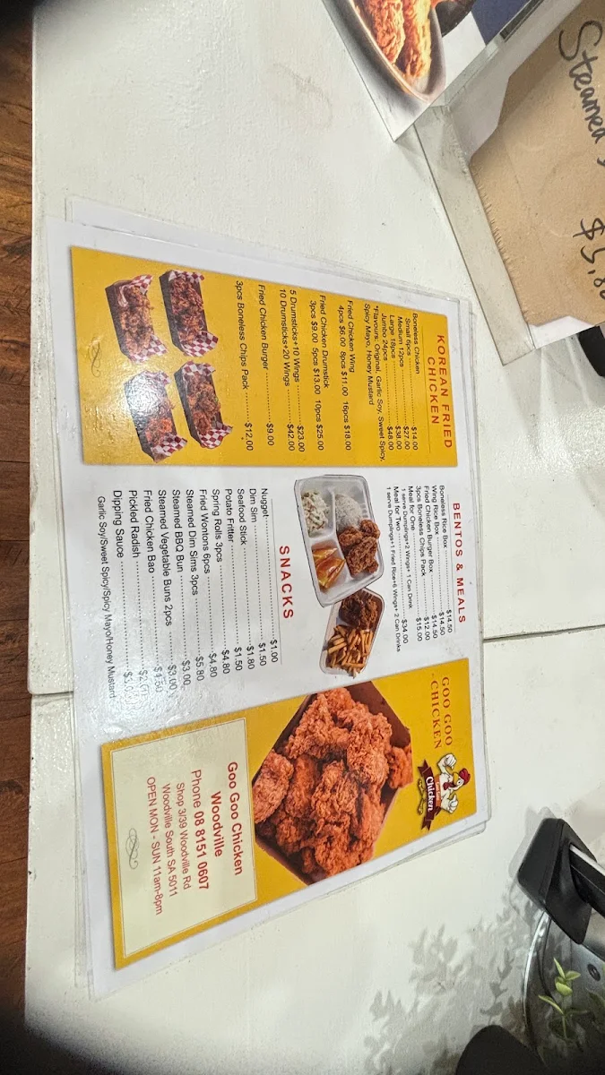 Menu, Goo Goo Chicken Woodville