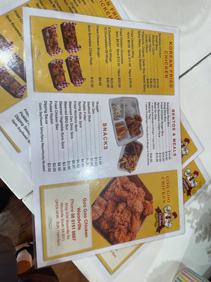 Menu, Goo Goo Chicken Woodville