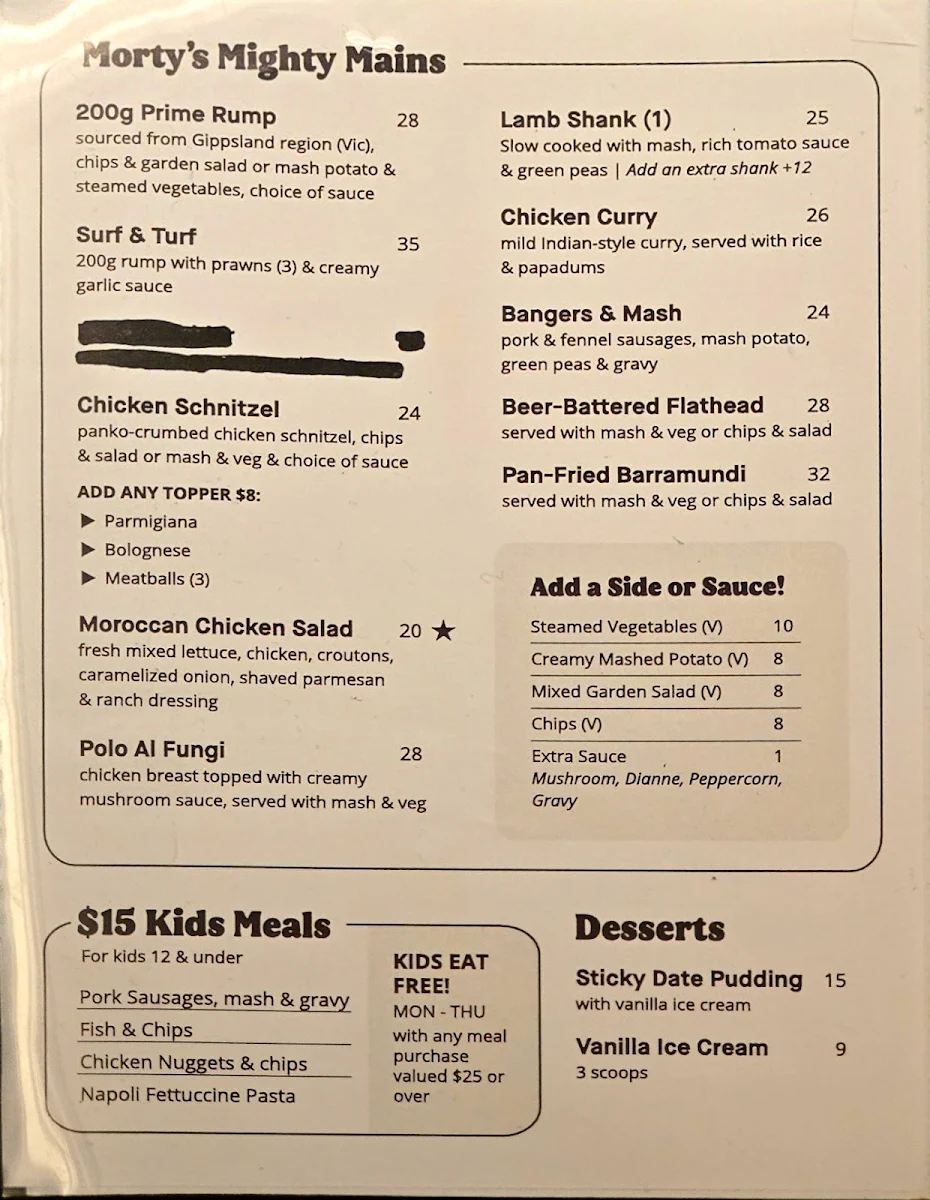 Menu, Mortdale Hotel