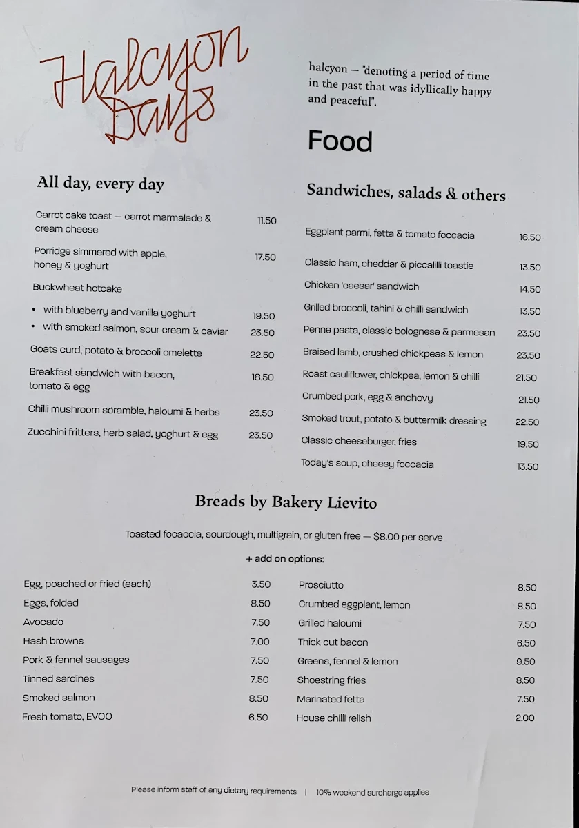 Menu, Halcyon Days
