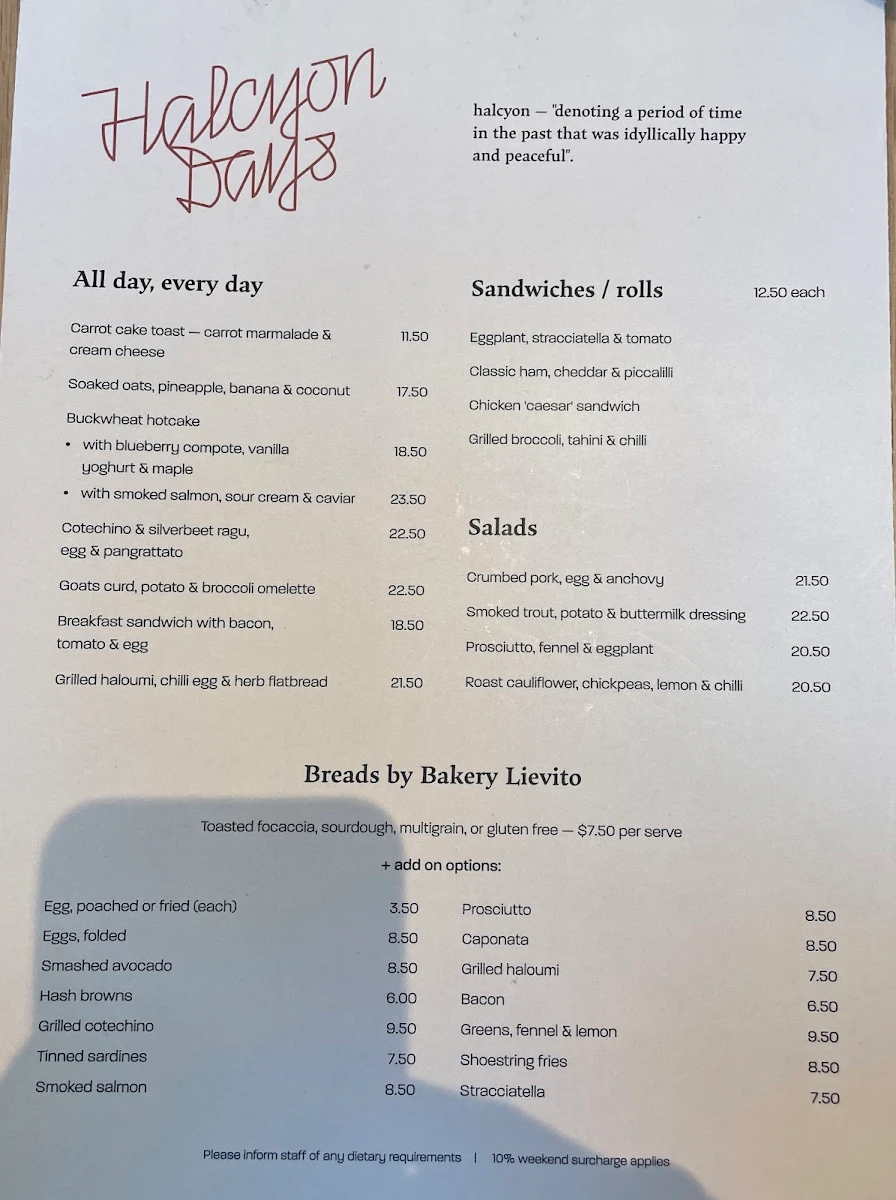 Menu, Halcyon Days