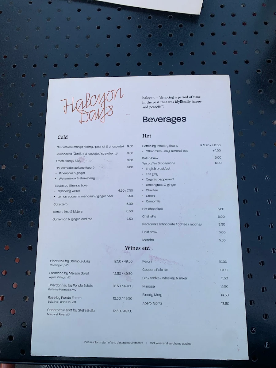 Menu, Halcyon Days