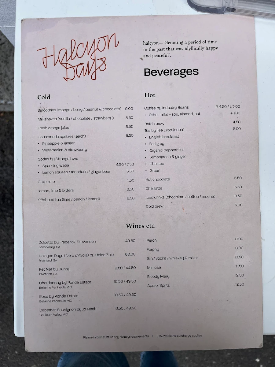 Menu, Halcyon Days