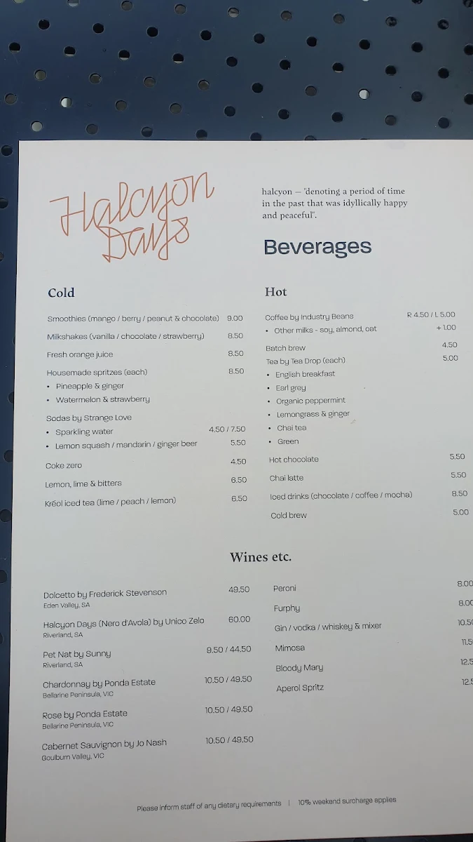 Menu, Halcyon Days