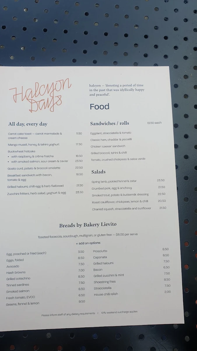 Menu, Halcyon Days