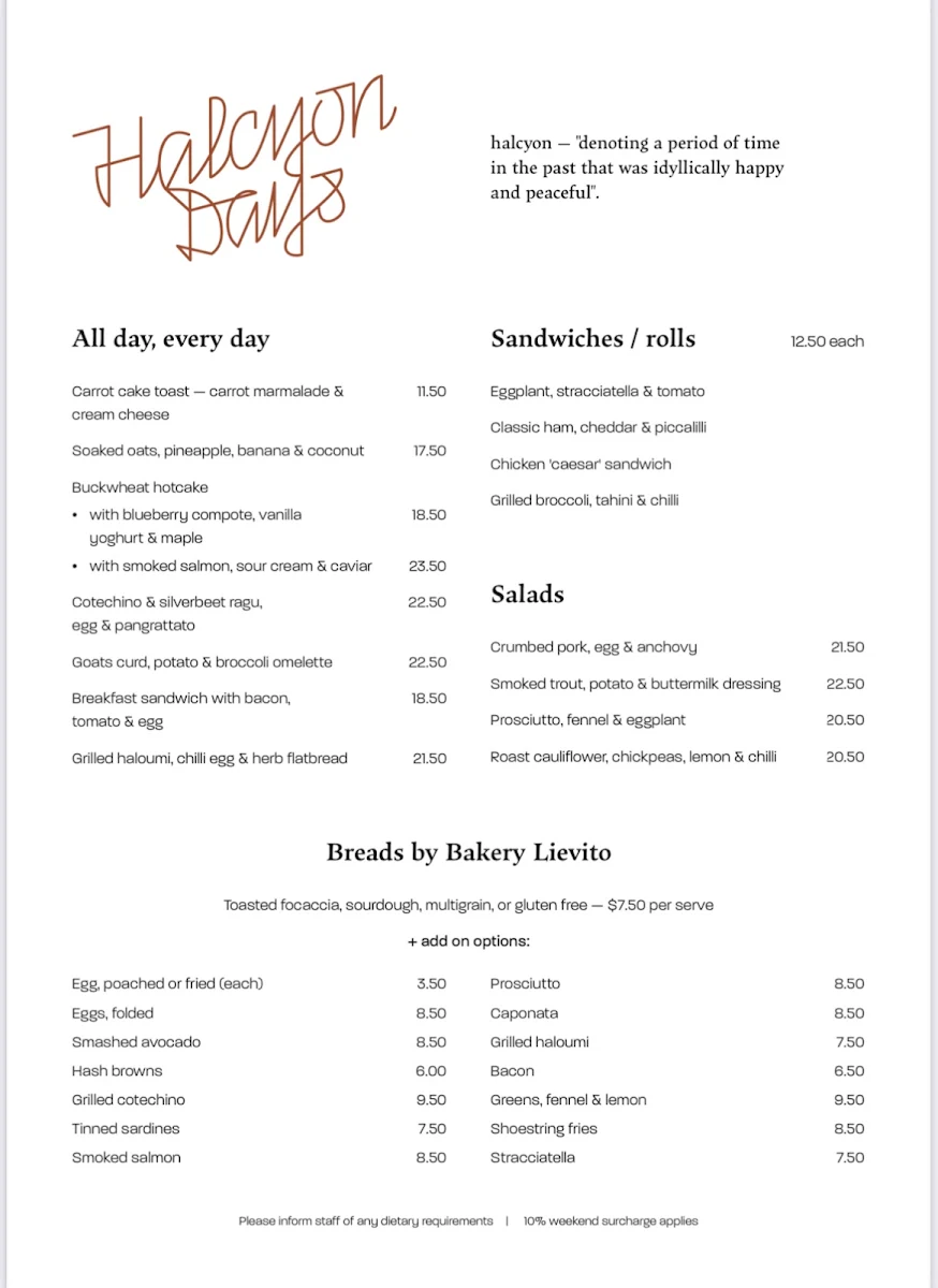 Menu, Halcyon Days