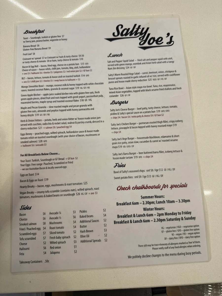 Menu, Salty Joe's