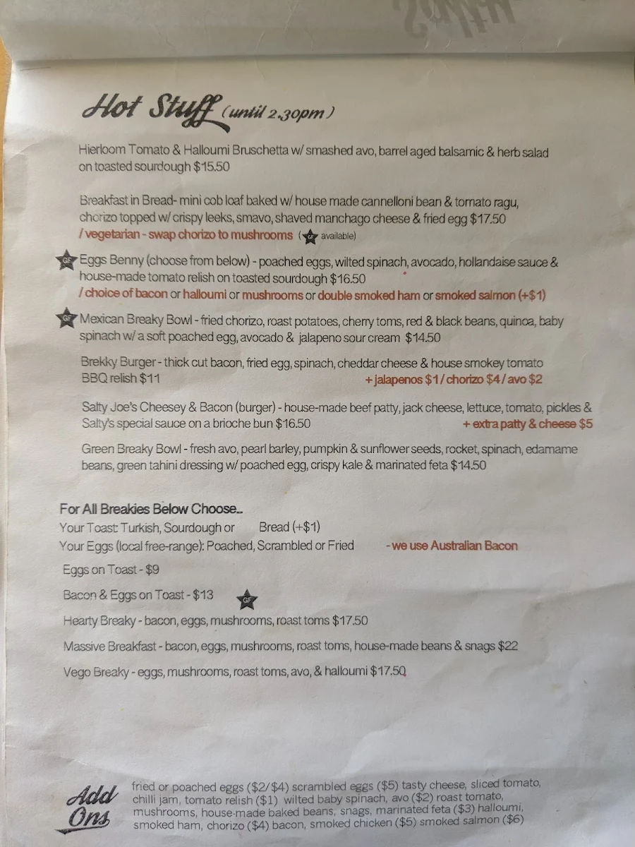 Menu, Salty Joe's