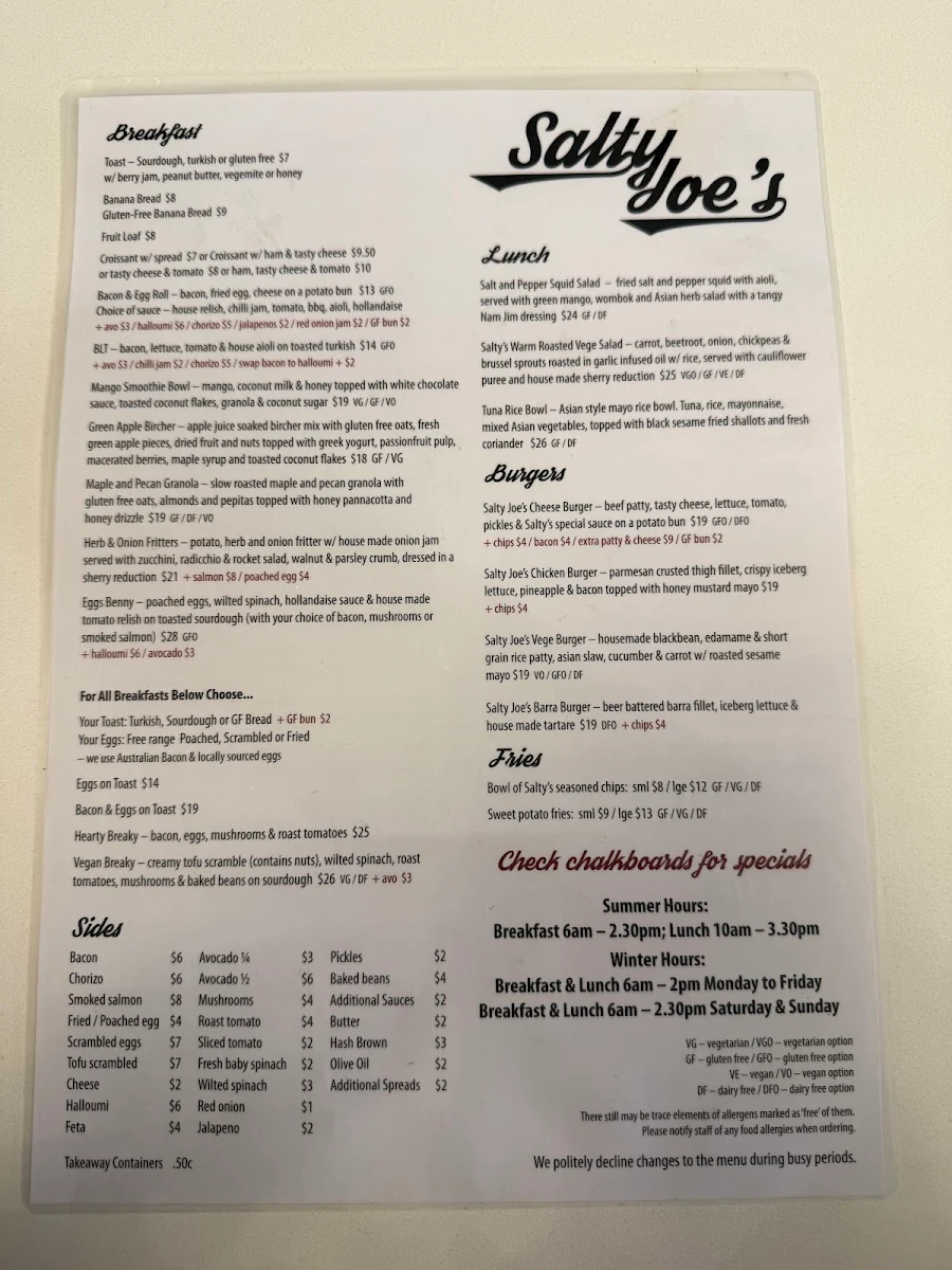 Menu, Salty Joe's