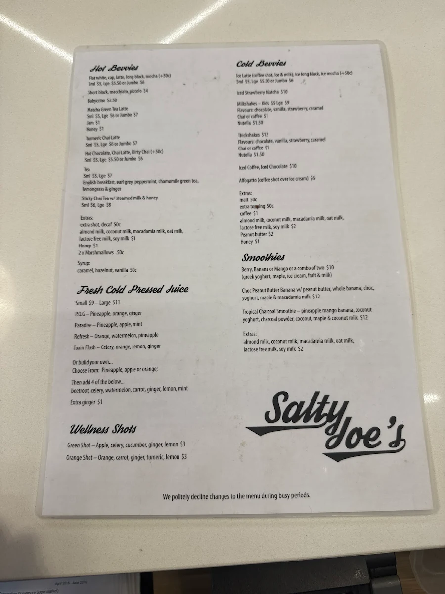 Menu, Salty Joe's