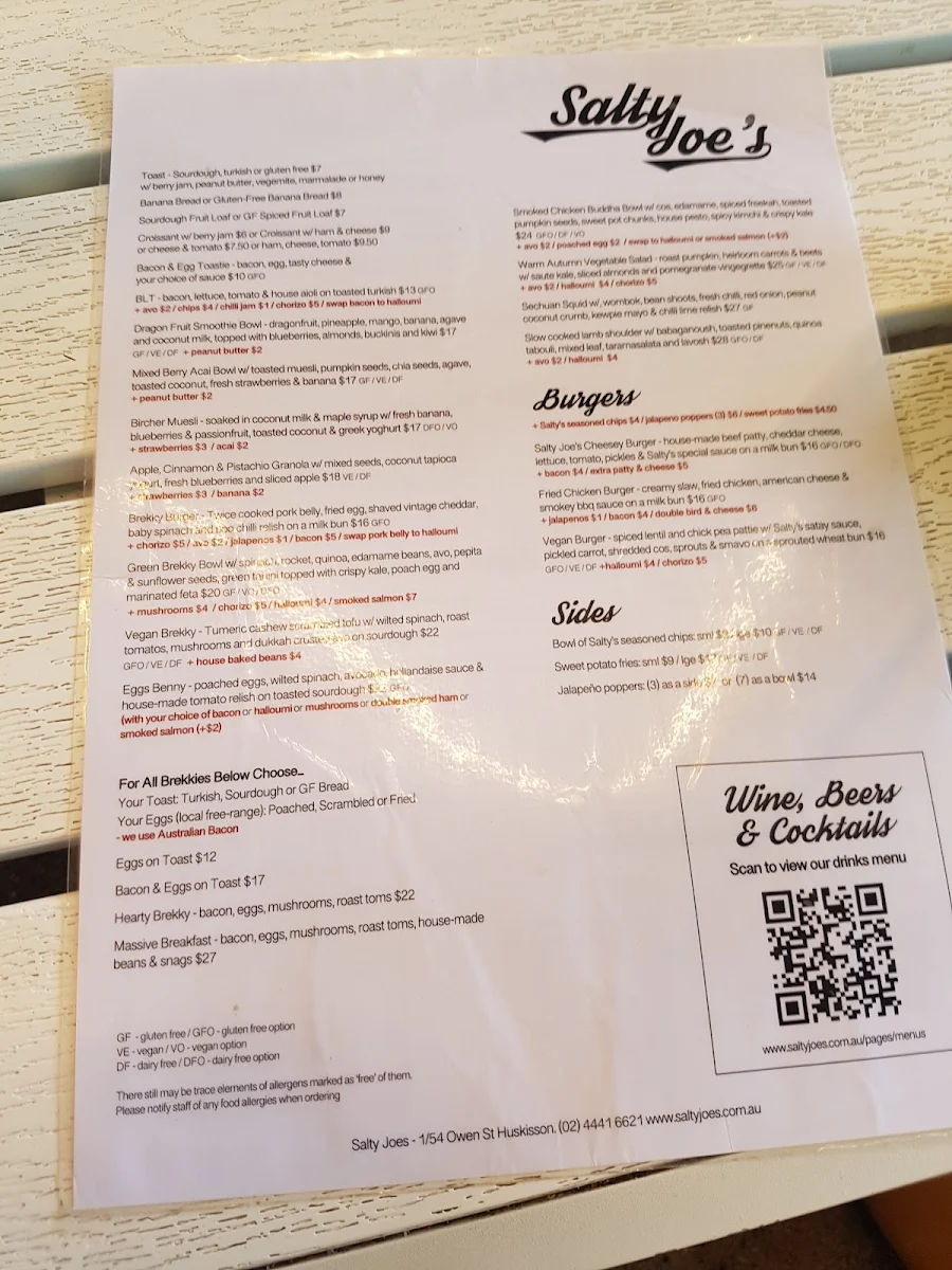 Menu, Salty Joe's