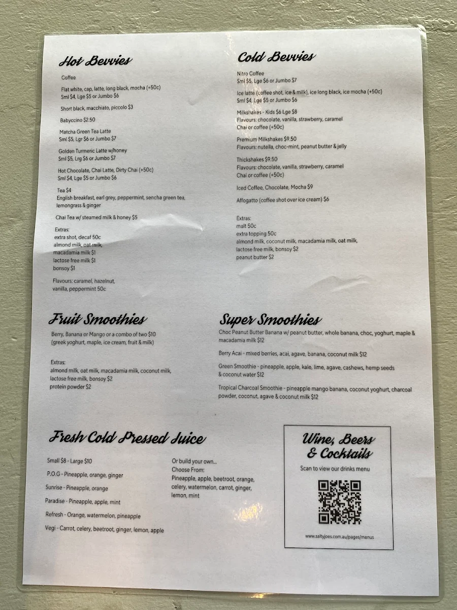 Menu, Salty Joe's