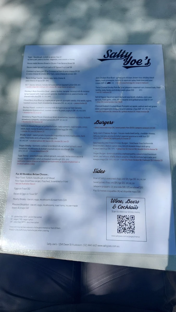 Menu, Salty Joe's