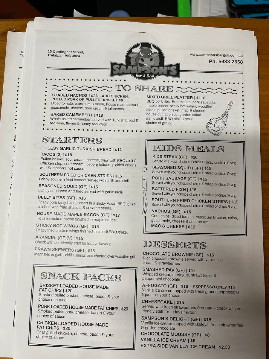 Menu, Sampson's Bar & Grill