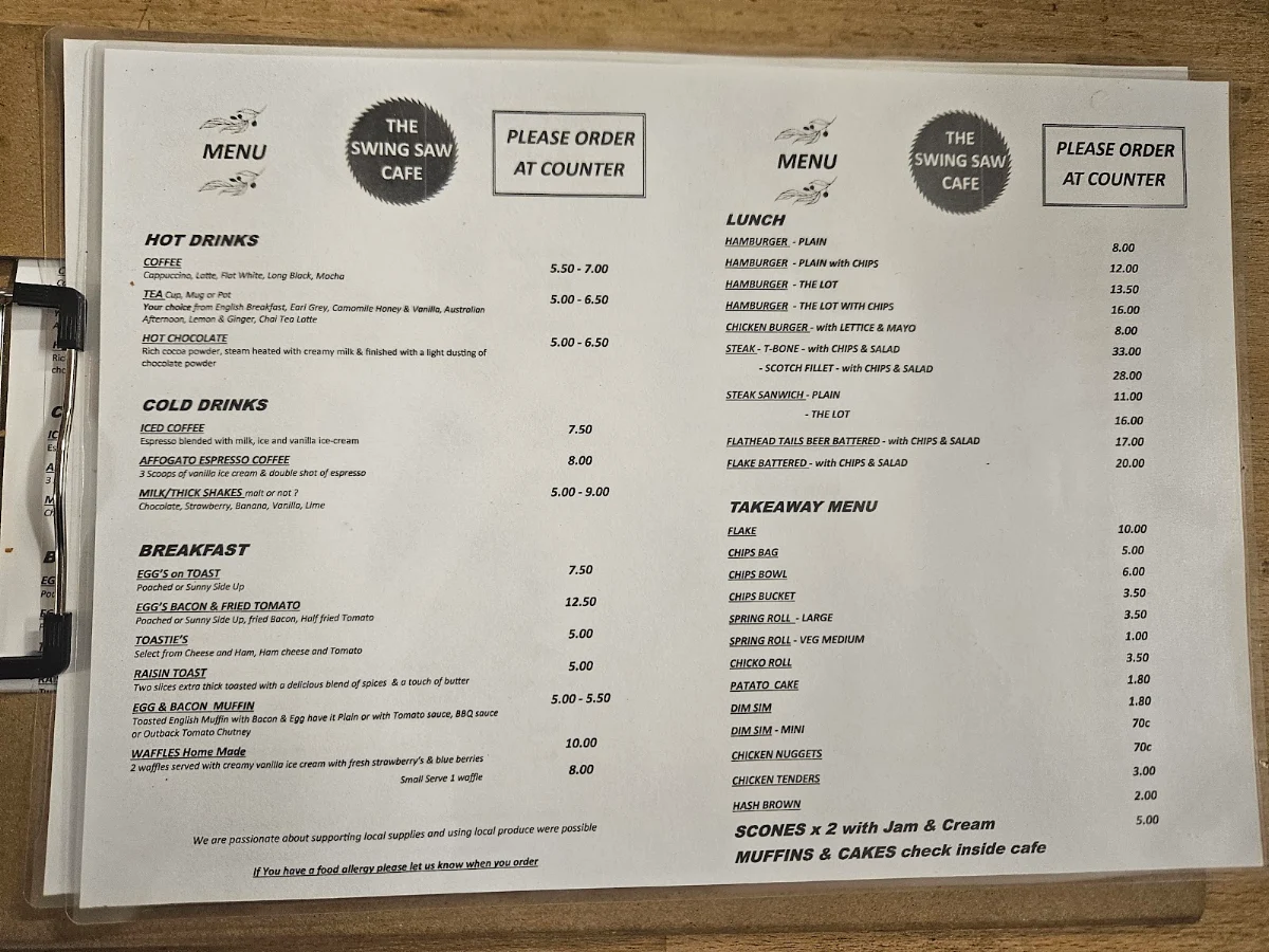 Menu, Swing Saw Cafe