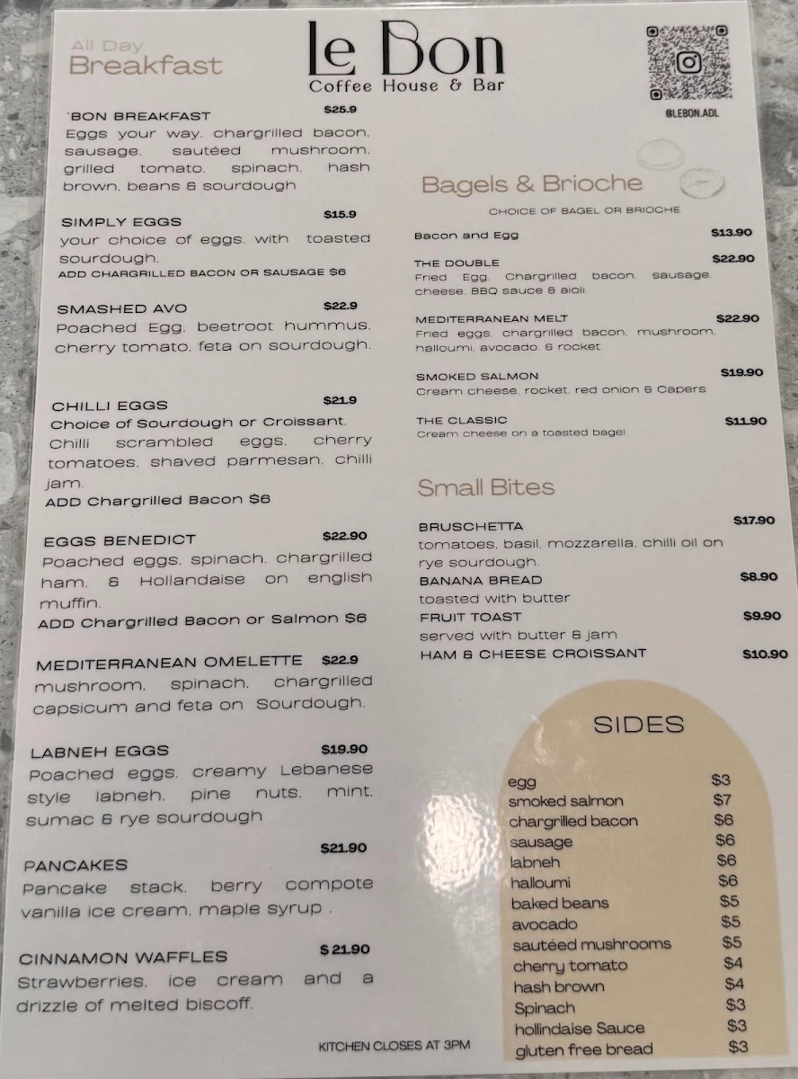 Menu, Le Bon Coffee House & Bar