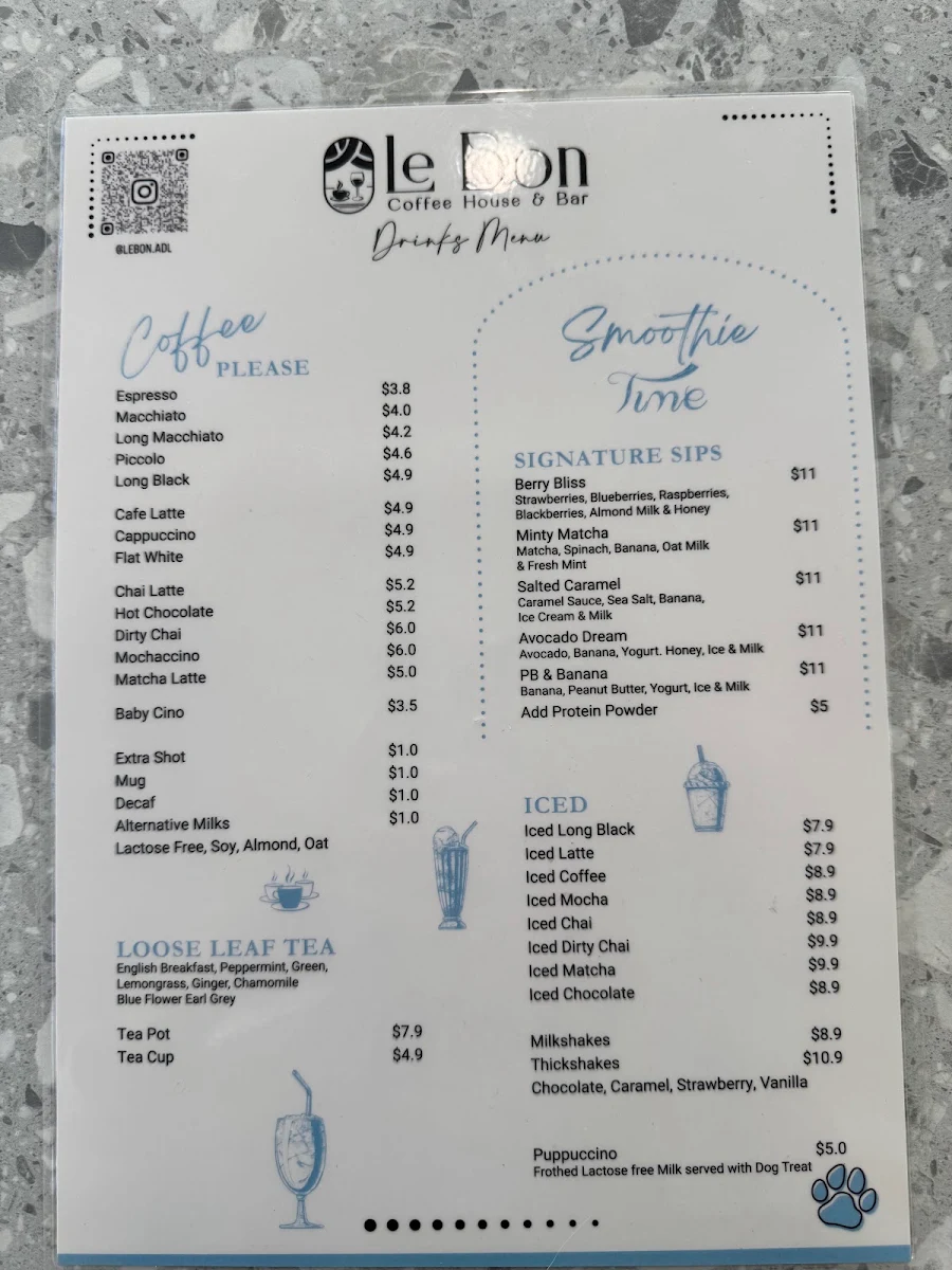 Menu, Le Bon Coffee House & Bar