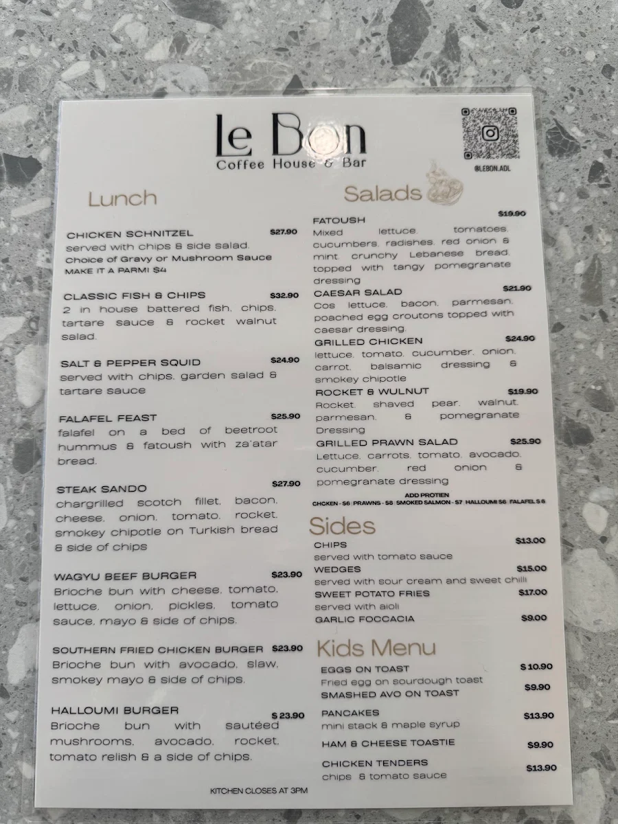 Menu, Le Bon Coffee House & Bar