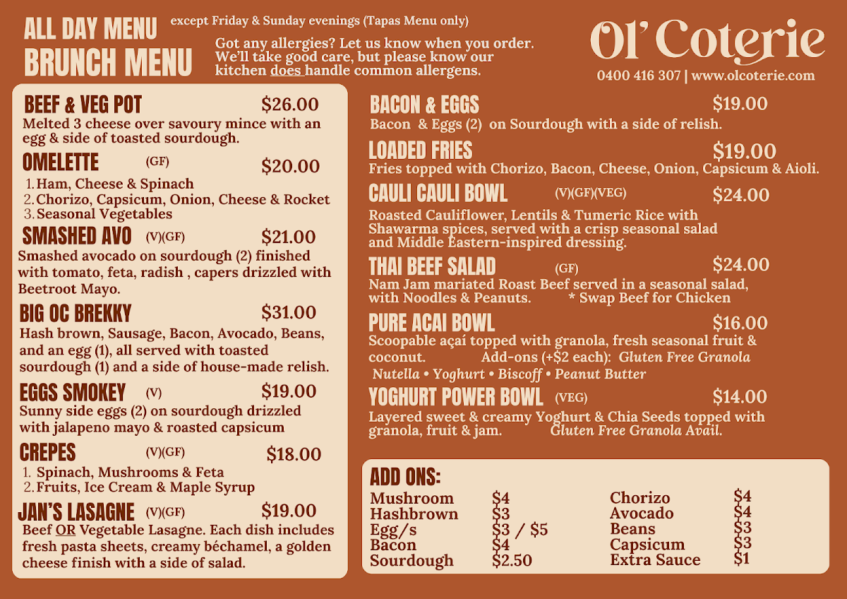 Menu, Ol' Coterie