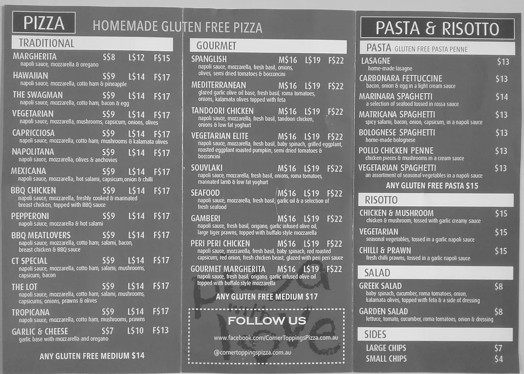Menu, Corner Topping