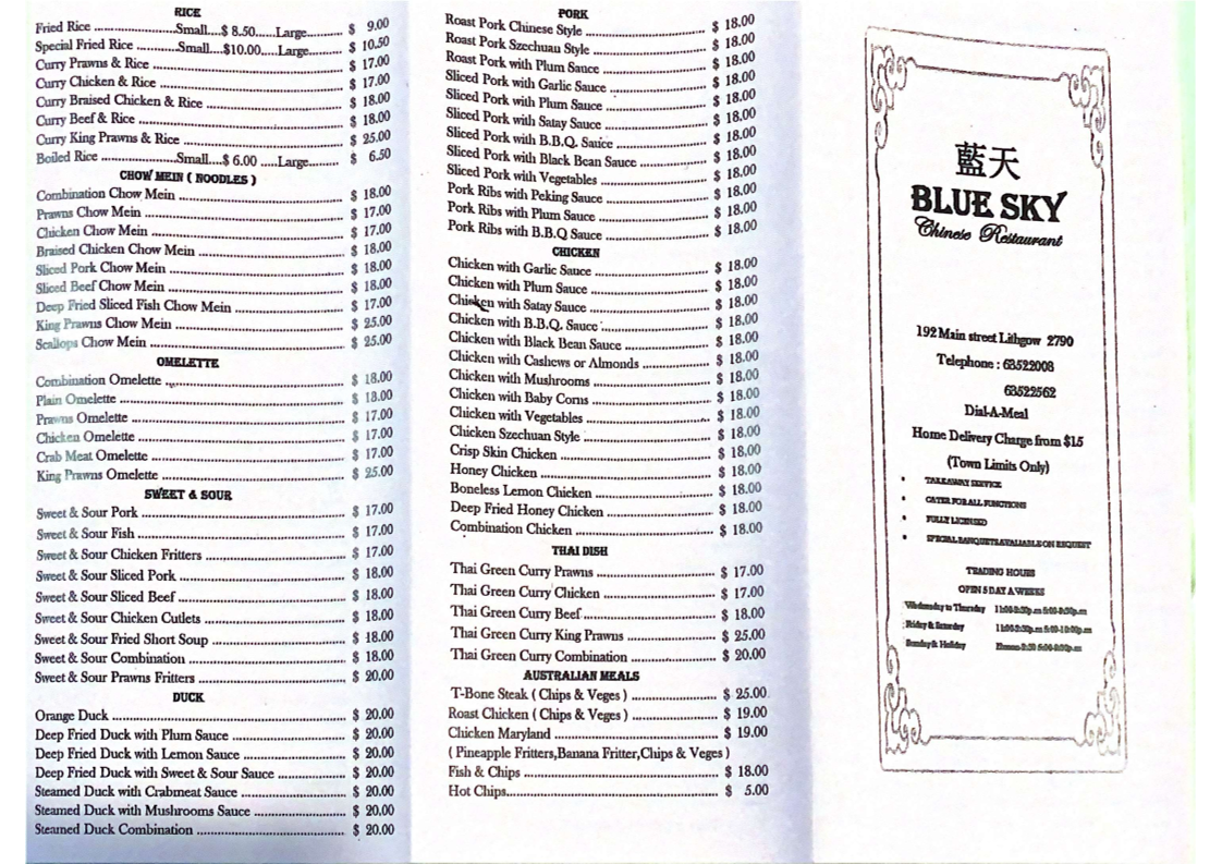 Menu, Blue Sky Restaurant