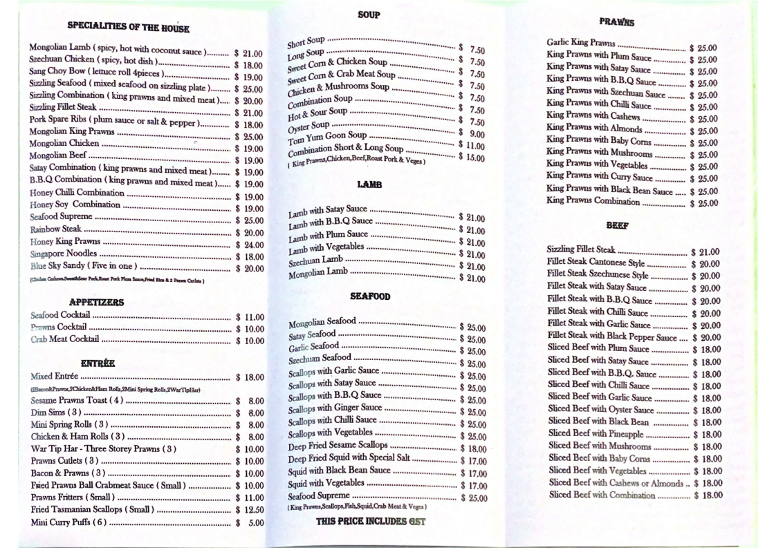 Menu, Blue Sky Restaurant
