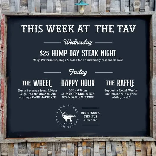 Menu, Lake Tyers Beach Tavern