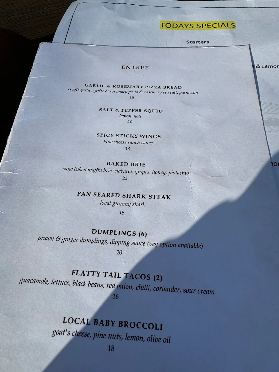 Menu, Lake Tyers Beach Tavern
