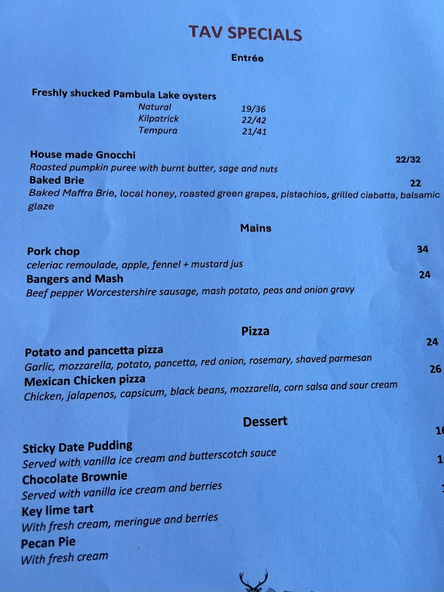 Menu, Lake Tyers Beach Tavern