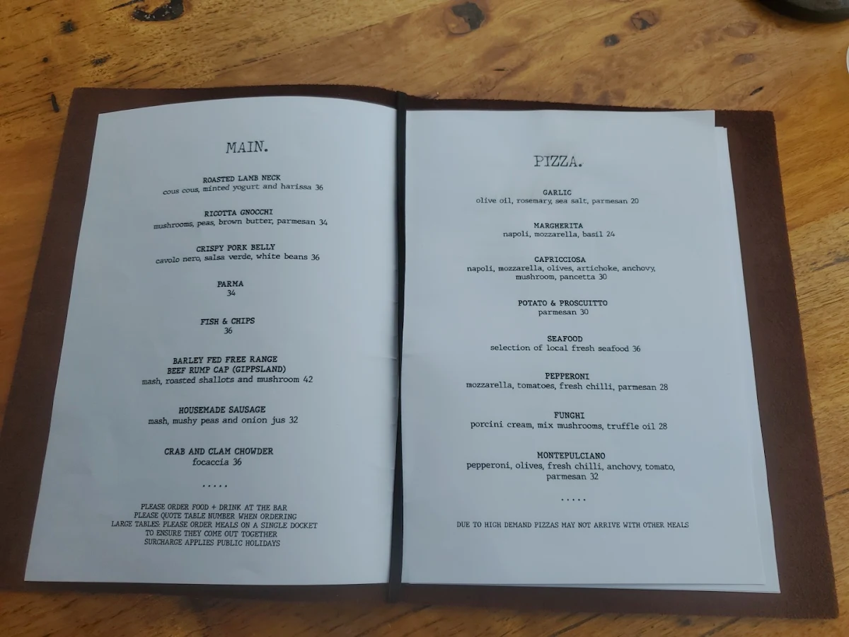 Menu, Lake Tyers Beach Tavern