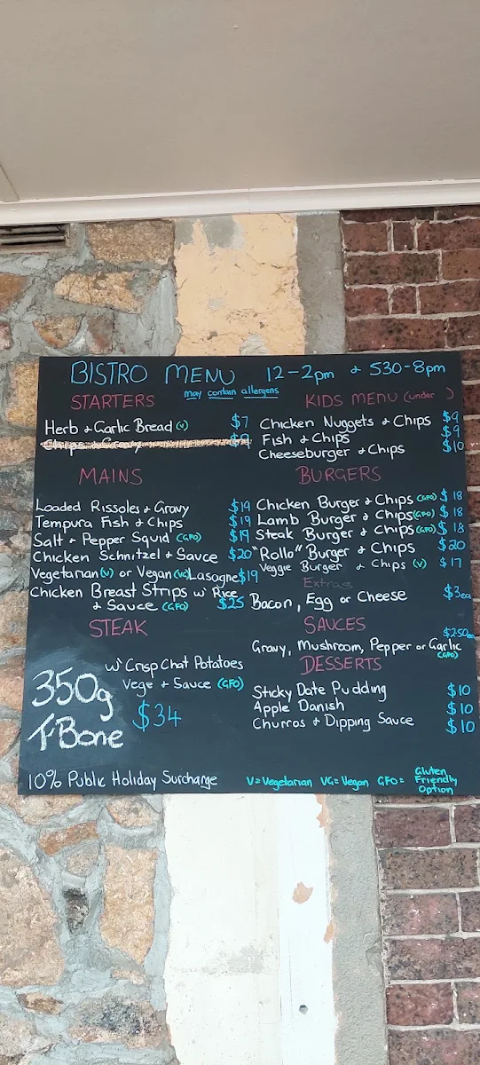 Menu, Lake Tyers Beach Tavern