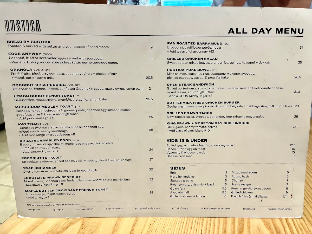 Menu, Rustica Brighton