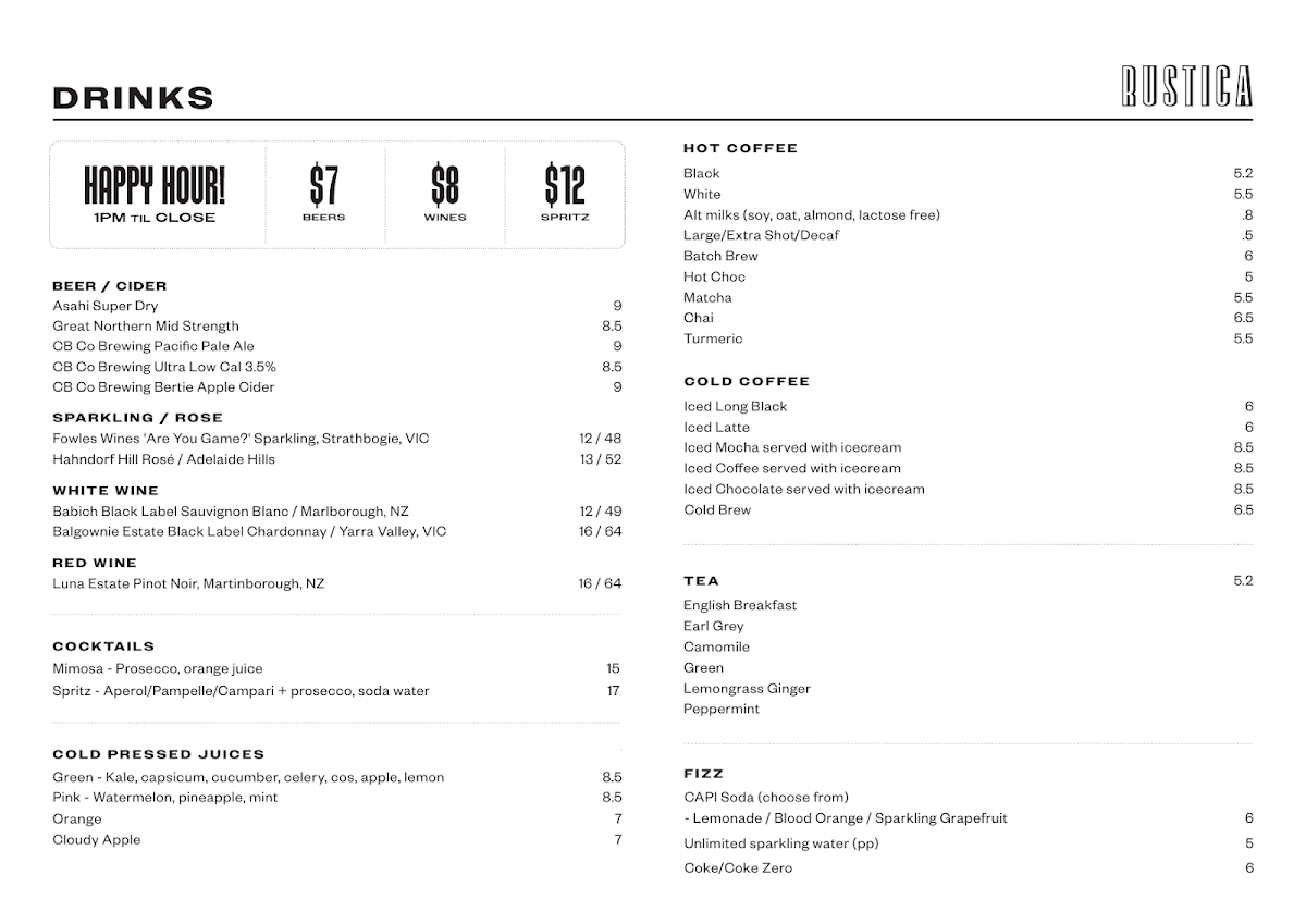 Menu, Rustica Brighton
