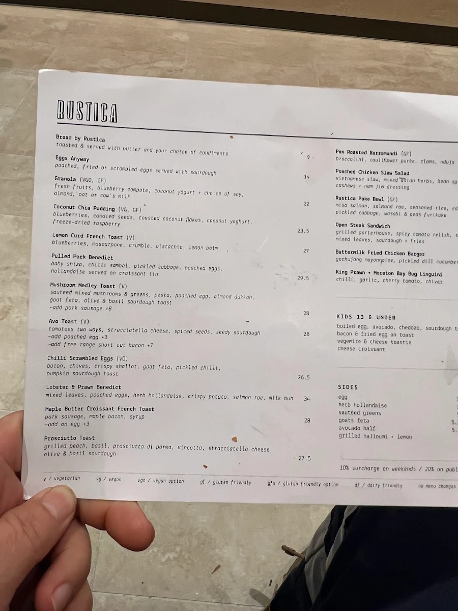 Menu, Rustica Brighton
