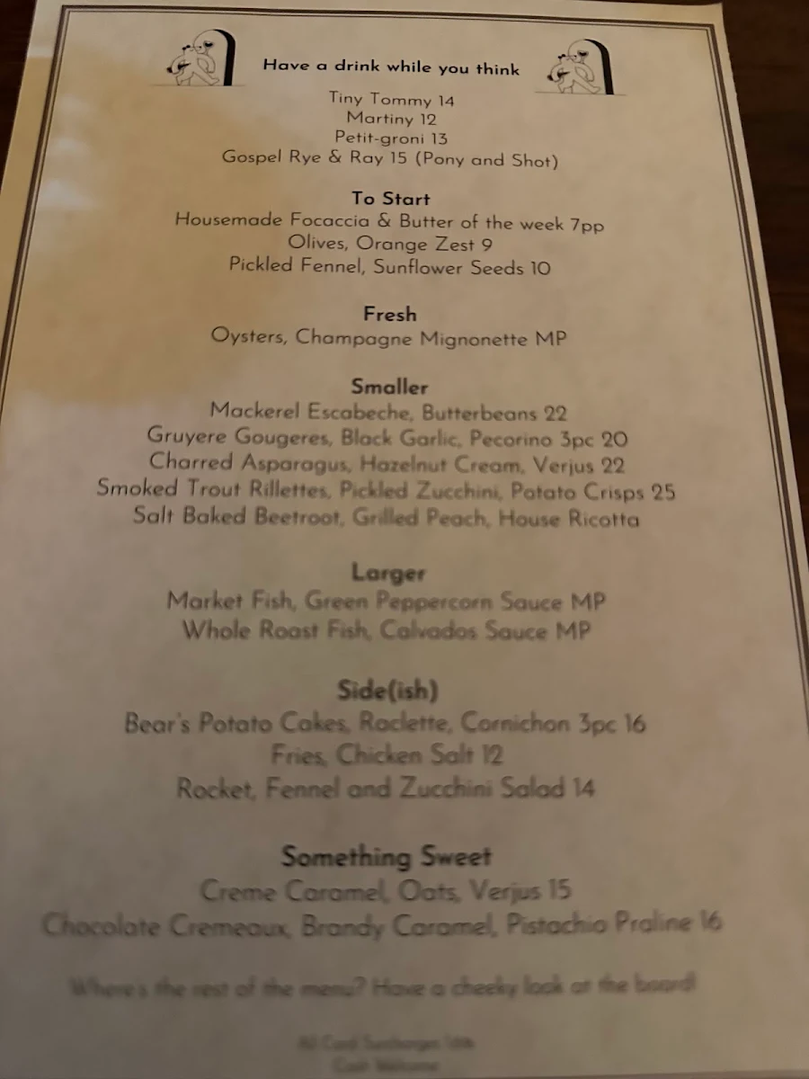 Menu, Bear's Wine Bar
