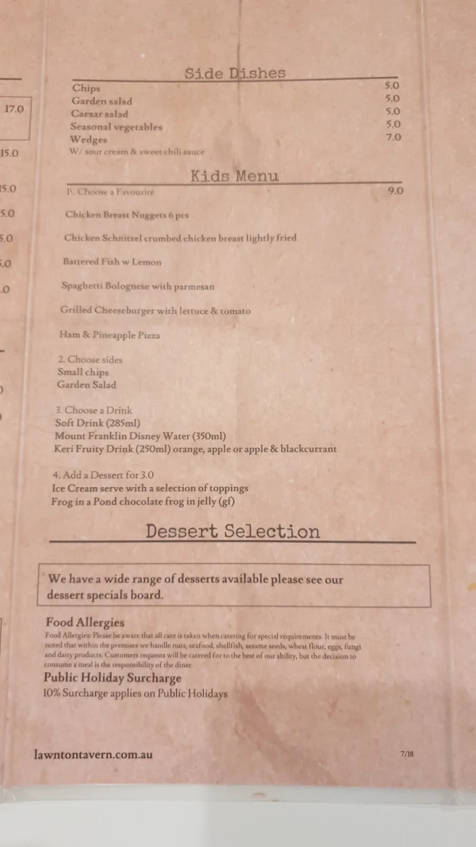 Menu, Lawnton Tavern