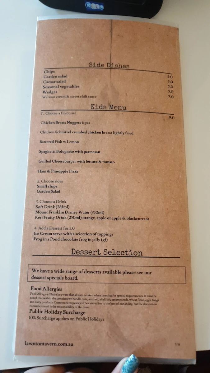 Menu, Lawnton Tavern