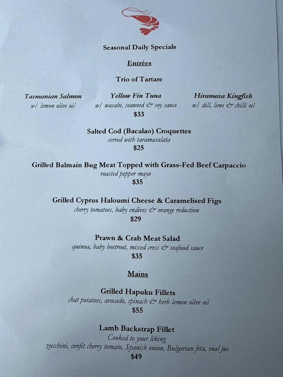 Menu, Lugarno Seafood Restaurant