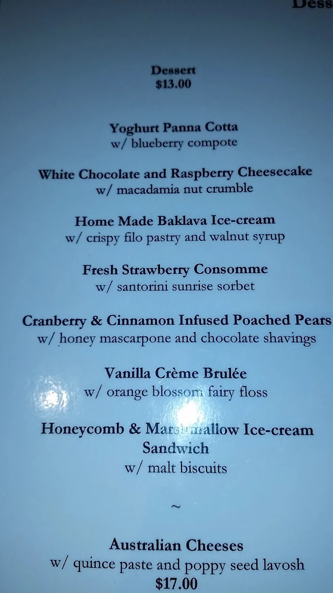 Menu, Lugarno Seafood Restaurant
