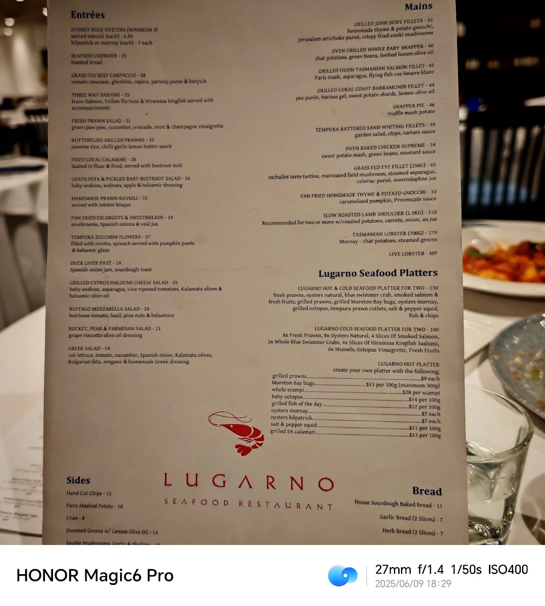 Menu, Lugarno Seafood Restaurant