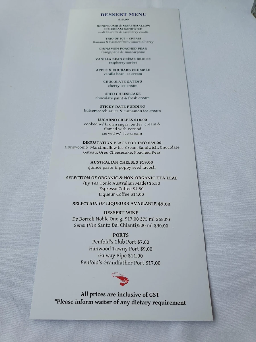 Menu, Lugarno Seafood Restaurant