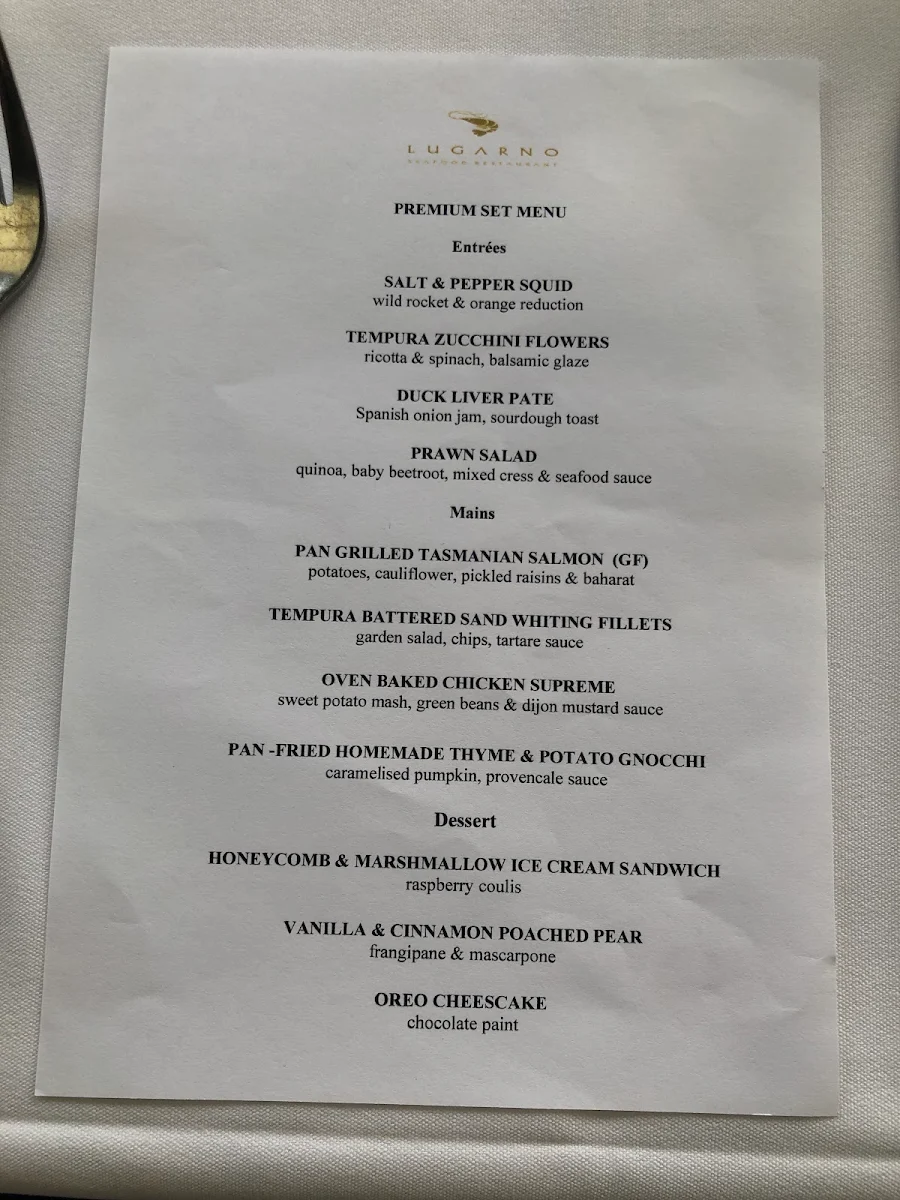 Menu, Lugarno Seafood Restaurant