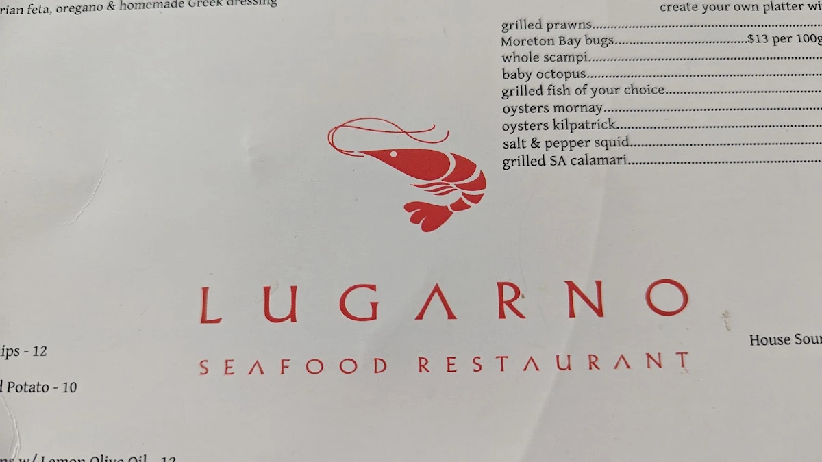 Menu, Lugarno Seafood Restaurant