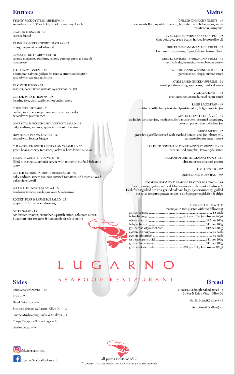 Menu, Lugarno Seafood Restaurant