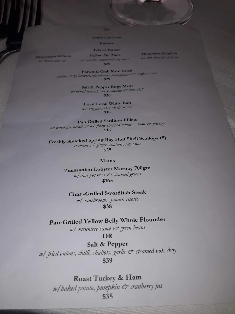 Menu, Lugarno Seafood Restaurant