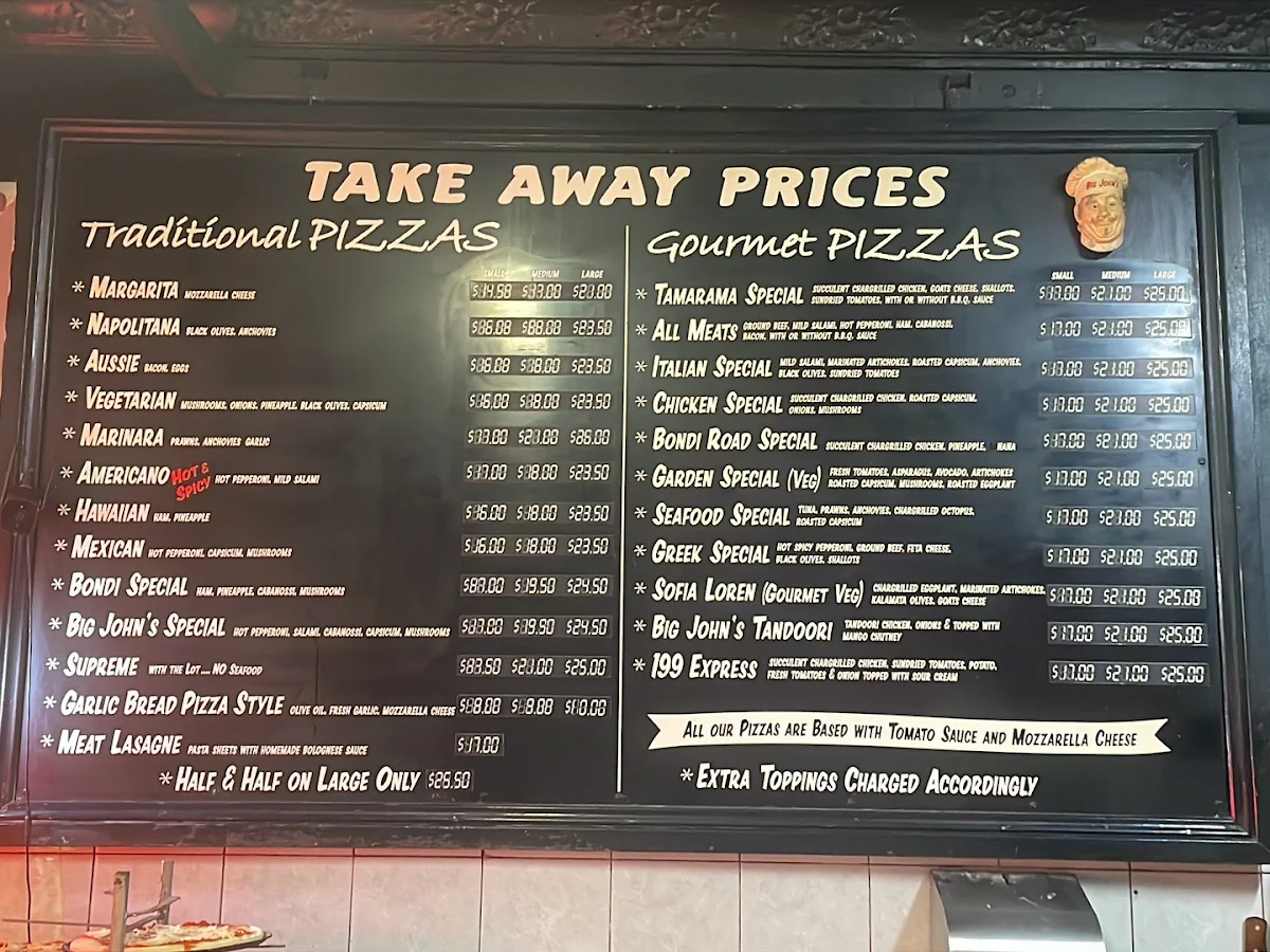 Menu, Big Johns Bondi Pizza