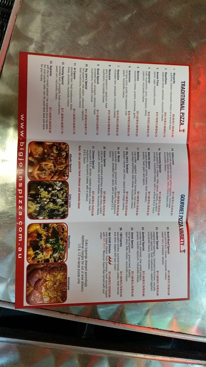 Menu, Big Johns Bondi Pizza
