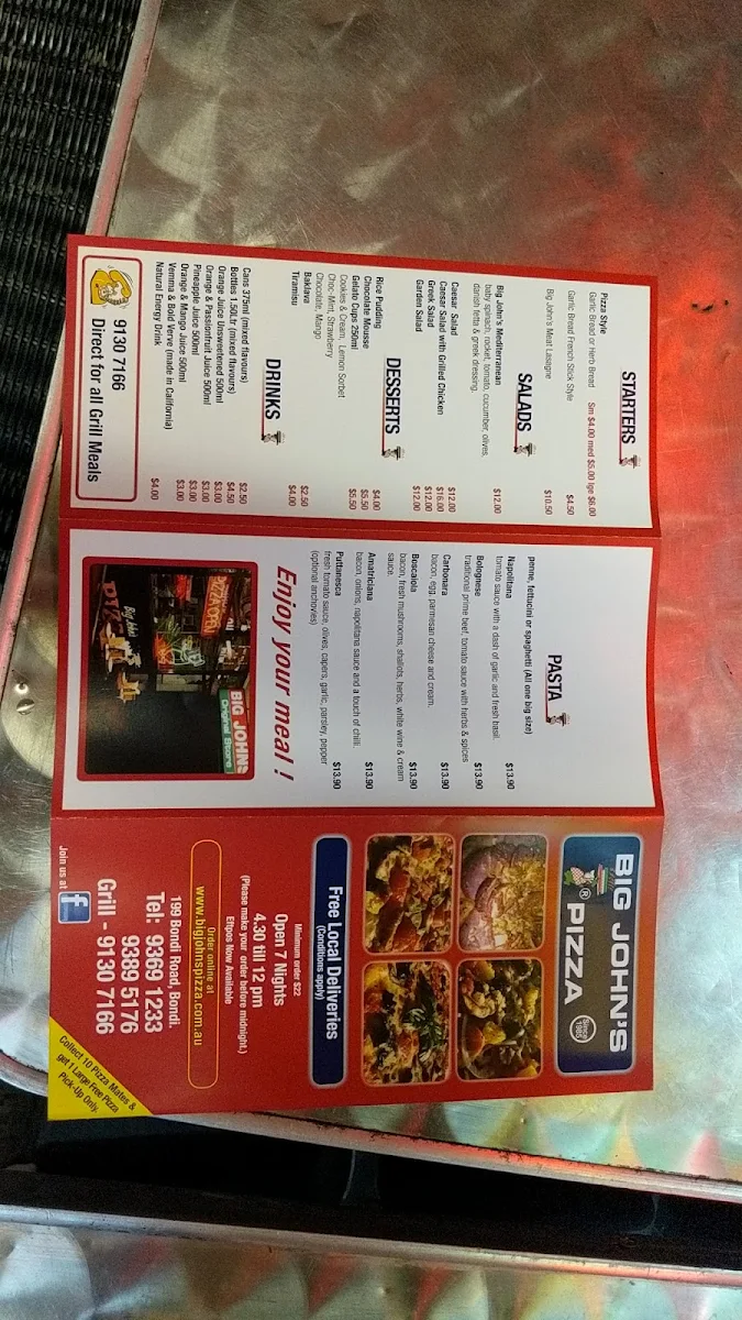 Menu, Big Johns Bondi Pizza