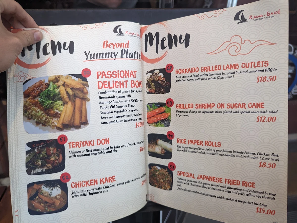 Menu, Kawa Sake Sushi Boat